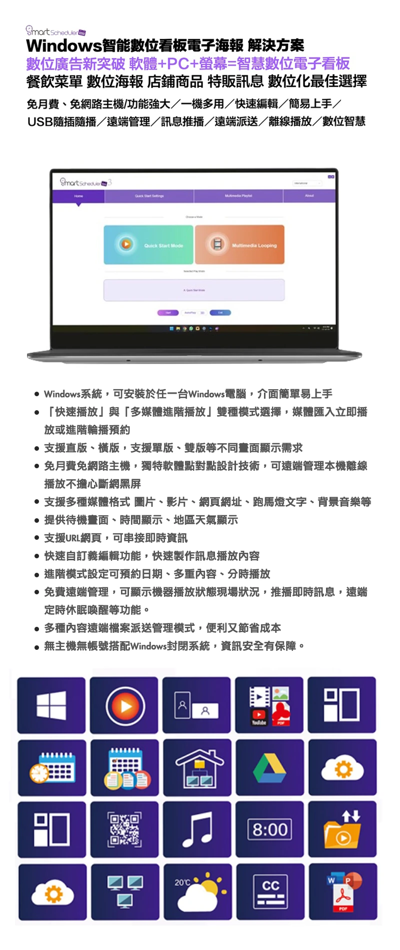Windows智能數位電子海報解決方案，好好播智能廣告排程播放軟體+PC+螢幕=智慧數位電子看板