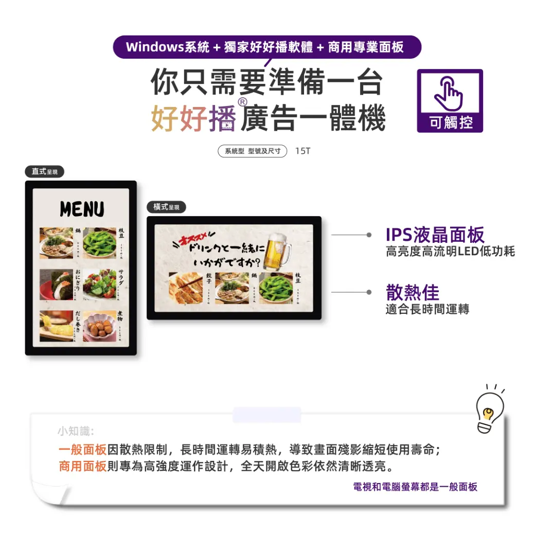 好好播廣告一體機，IPS液晶面板、散熱佳、窄邊設計，商用面板