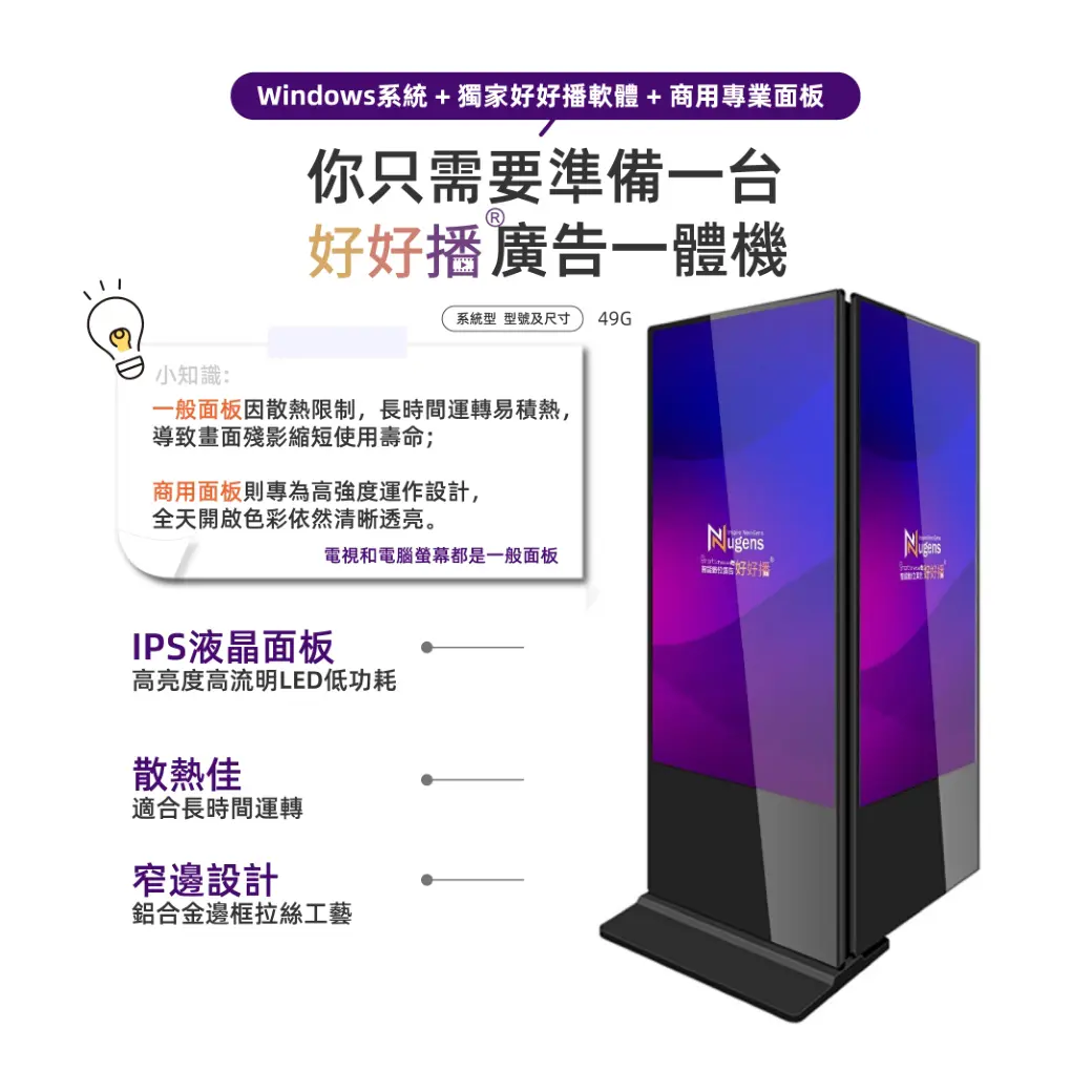 好好播廣告一體機，IPS液晶面板、散熱佳、窄邊設計，商用面板
