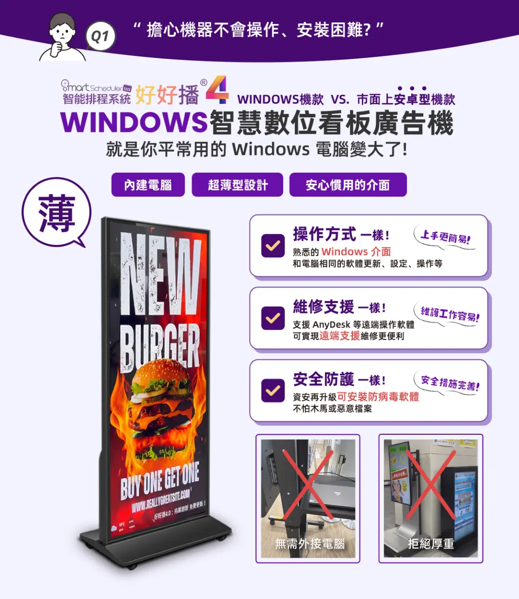 Windows智慧數位看板廣告機，就是你平常使用的電腦變大，操作方式、維修支援、安全防護都一樣