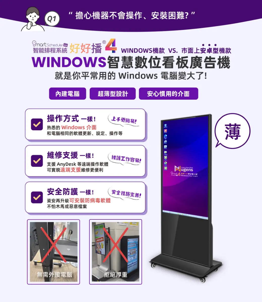 Windows智慧數位看板廣告機，就是你平常使用的電腦變大，操作方式、維修支援、安全防護都一樣