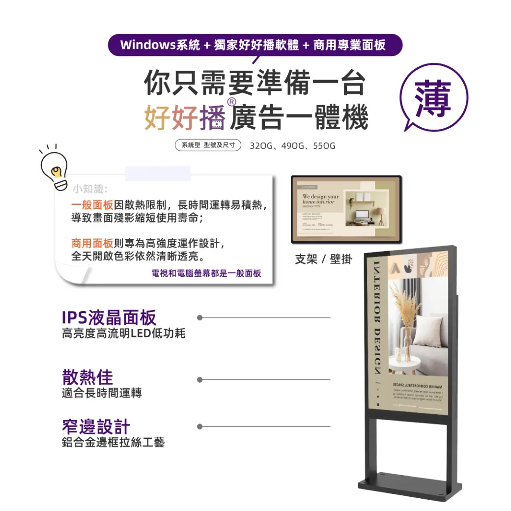 好好播廣告一體機，IPS液晶面板、散熱佳、窄邊設計，商用面板