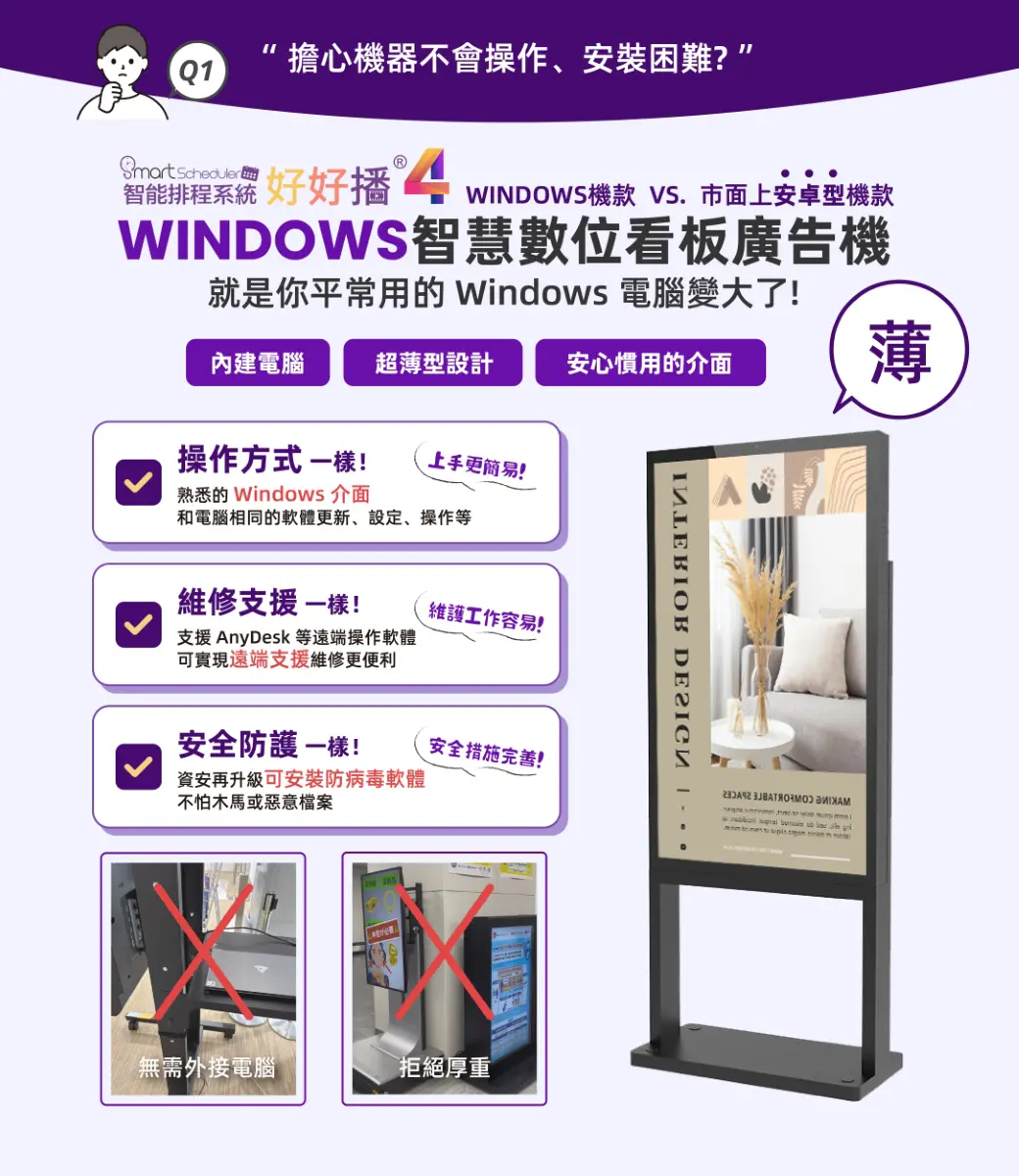 Windows智慧數位看板廣告機，就是你平常使用的電腦變大，操作方式、維修支援、安全防護都一樣