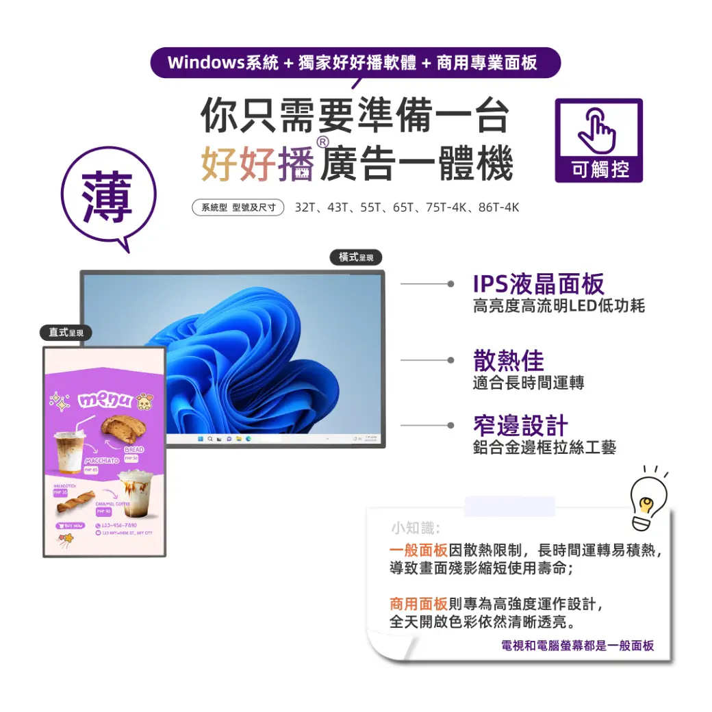 好好播廣告一體機，IPS液晶面板、散熱佳、窄邊設計，商用面板