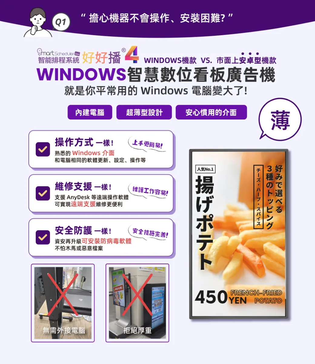 Windows智慧數位看板廣告機，就是你平常使用的電腦變大，操作方式、維修支援、安全防護都一樣