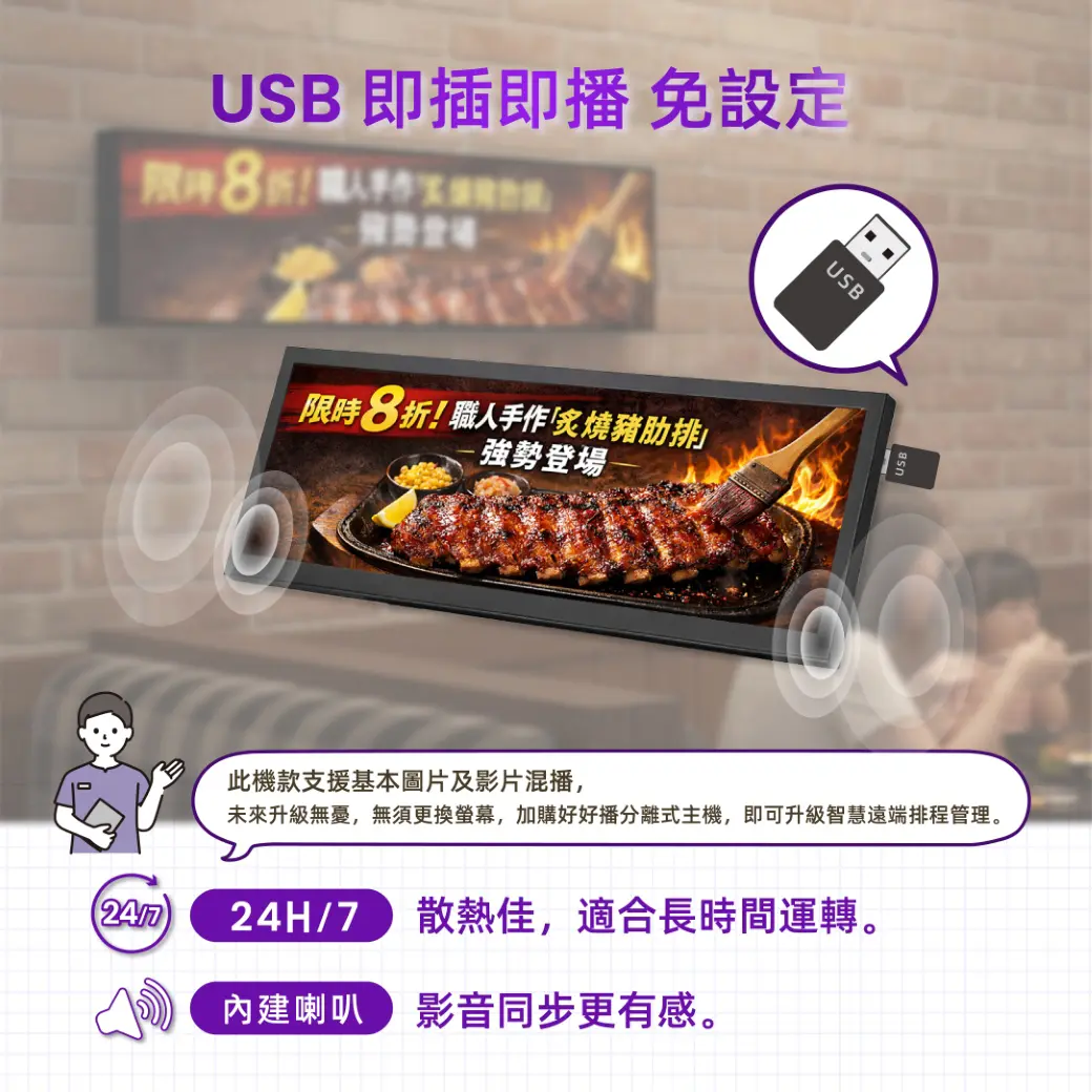 USB即插即播，散熱佳，適合長時間運轉，內建喇叭
