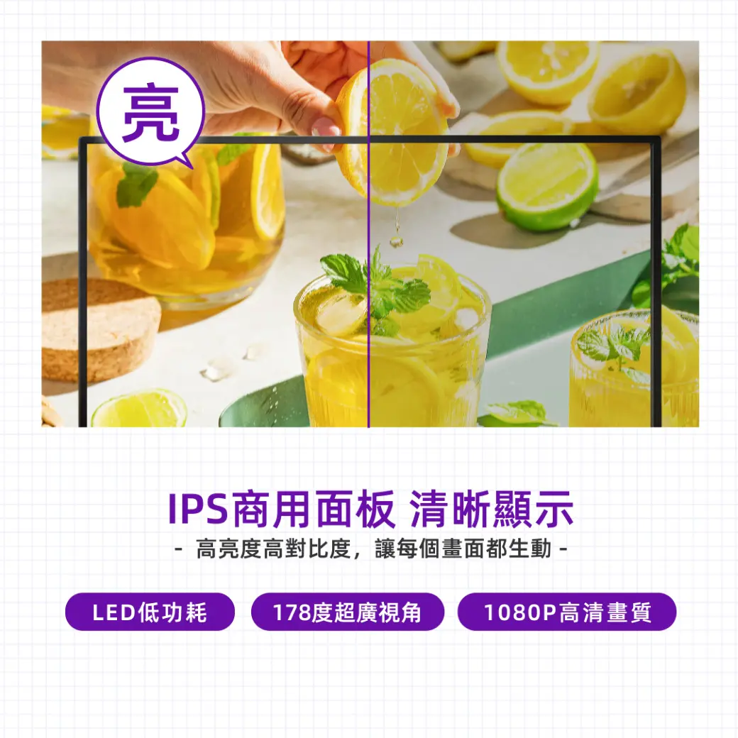 IPS商用面板，高亮度對比，LED低功耗，178°超廣視角