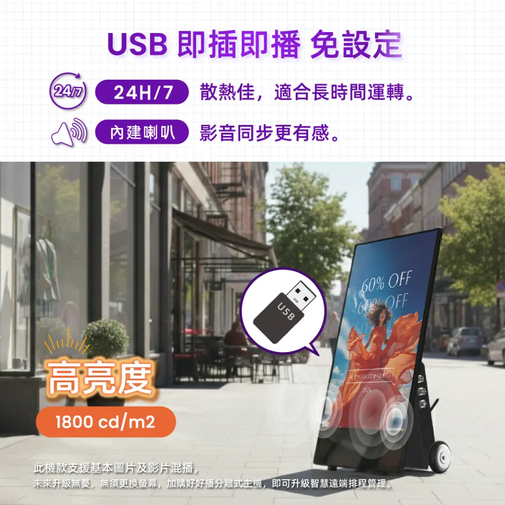 USB即插即播免設定，散熱佳，適合長時間運轉，內建喇叭，高亮度